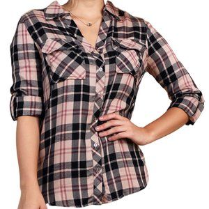 BLU PEPPER • Day To Day Plaid Top • Long Sleeve / V-Neck • Tan/Black/Red •  Med